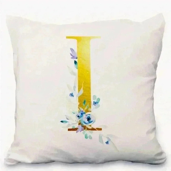 Pillow Covers 18x18” 1 pc I Alphabet Linen White/Gold I Blue Floral Boho Cottage - Picture 1 of 13